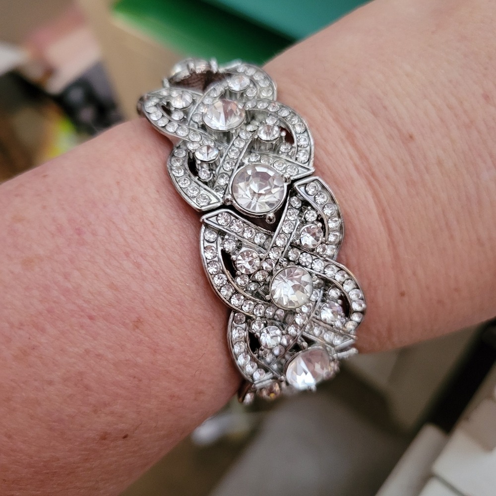 Vintage Style Silver Rhinestone Stretch Bracelet Statement Wedding Bridal Cuff